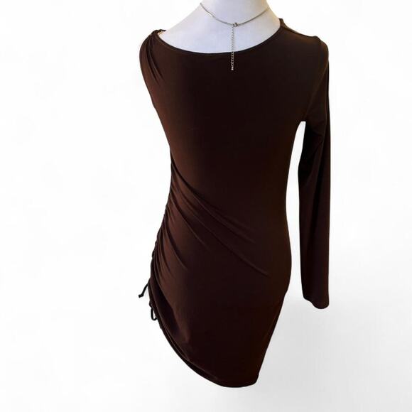 Y2K VTG cache brown stretchy one sleeve chain link ruched tie mini dress x small - Picture 6 of 7